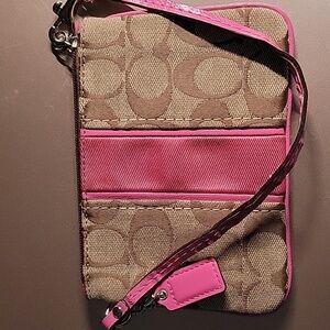 Coach Signature Pink and Tan Canvas Wristlet Clean No Tears